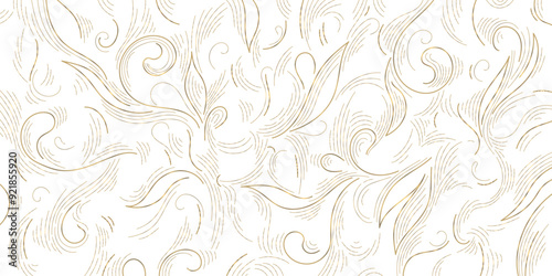 Vector gold on white swirl motif, line luxury royal pattern. Vintage elegant floral ornament, fancy filigree background. Victorian wallpaper, art deco nouveau texture. 