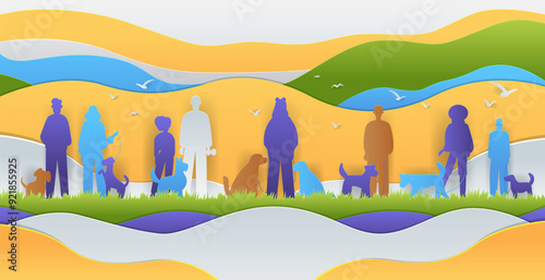 People walking dogs colorful paper cut style silhouettes vibrant landscape background hills sky birds grass