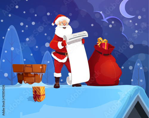 Santa with wishlist on house roof with gifts bag for Christmas winter holiday, cartoon vector. Santa character reading wishes on list at chimney on house roof in snow with New Year gift boxes in bag