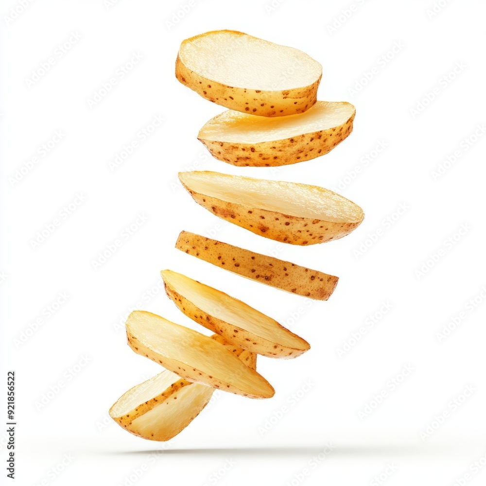 Close up of potato slices in the air on an isolated white background Close up of potato slices in the air on an isolated white background