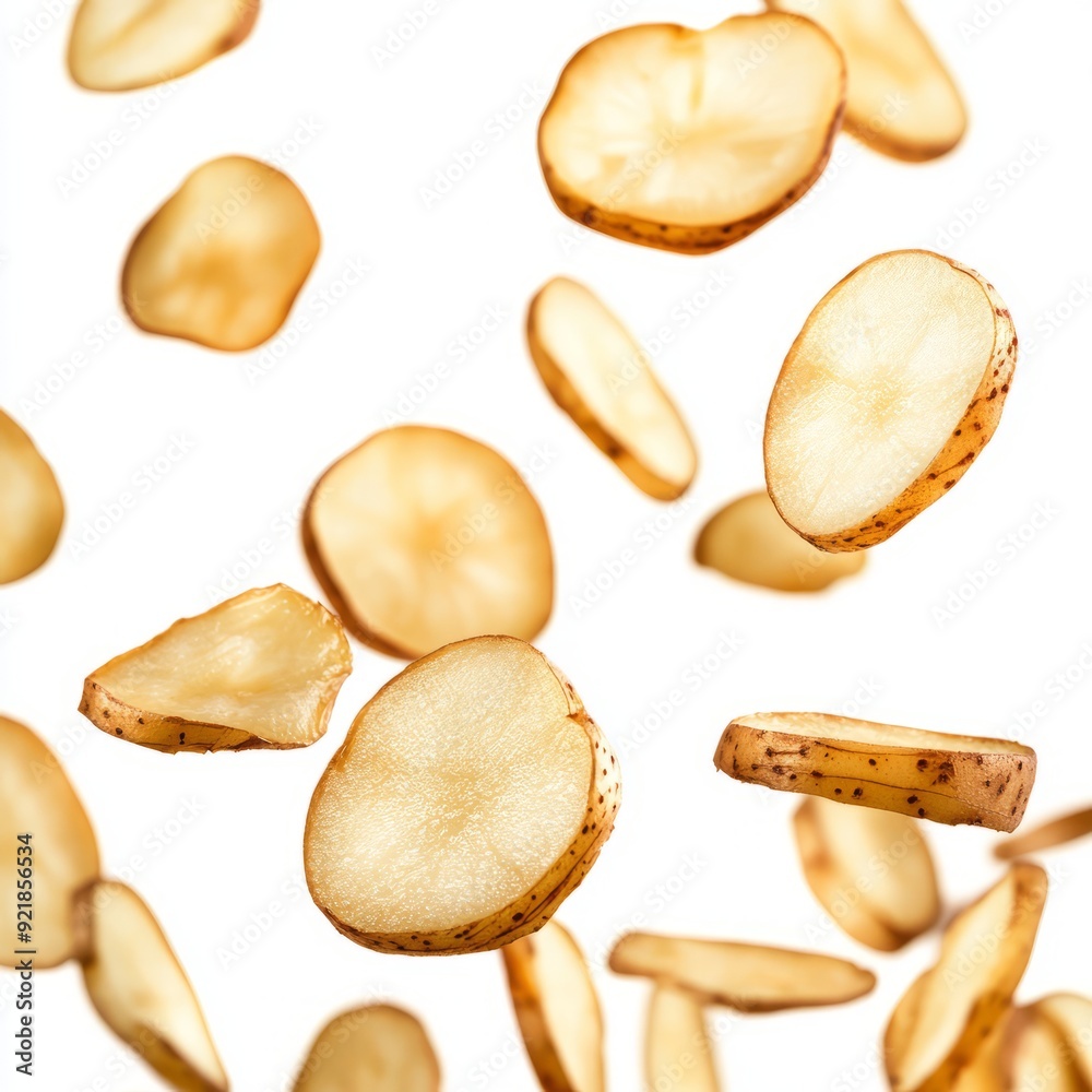 Close up of potato slices in the air on an isolated white background Close up of potato slices in the air on an isolated white background