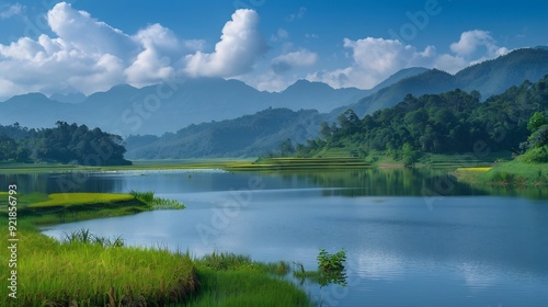 Tranquil Lake Surrounded by Mountains