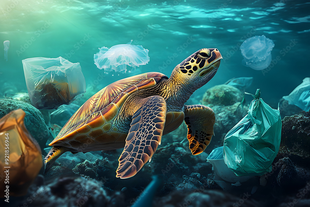 Fototapeta premium Plastic pollution in ocean environmental problem. Turtles can eat plastic bags mistaking them for jellyfish