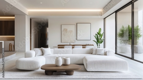 A modern minimalist living room with a cozy white sectional sofa, perfect for interior design and home decor promotions. photo