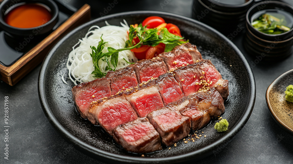 Premium Wagyu steak served in Japanese style. Premium Wagyu steak served in Japanese style.