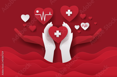 Hands holding hearts healthcare concept paper cut style with red background medical symbols floating around suitable for banners websites