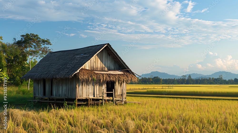 Simple Wooden House in a Rice Paddy Field Simple Wooden House in a Rice Paddy Field