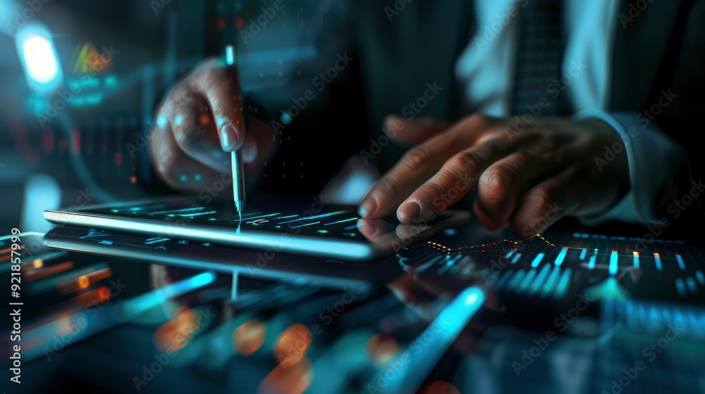 A Business Professional Uses A Sleek 3D Tablet To Track Virtual Growth Arrows On A Financial Graph, Feeling Optimistic A Business Professional Uses A Sleek 3D Tablet To Track Virtual Growth Arrows On A Financial Graph, Feeling Optimistic