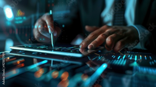A Business Professional Uses A Sleek 3D Tablet To Track Virtual Growth Arrows On A Financial Graph, Feeling Optimistic