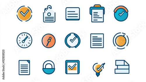 Quality assurance and control icons with editable stroke outlines, isolated on a white background. Flat vector illustration, pixel perfect, 64 x 64.