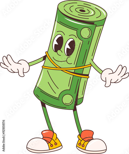 Cartoon retro groovy rolled banknote character. Isolated vector hippie style anthropomorphic money cash personage, twisted bills roll with wide eyes, cheerful friendly smile and rubber on its waist