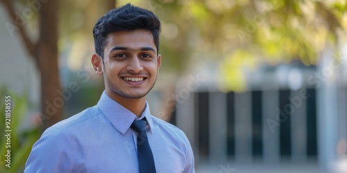 Man in a blue shirt and tie smiling