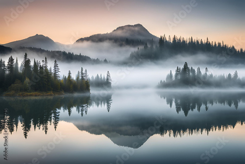Mystical rising fog, mountain forest landscape with reflections in lake, at reflection island