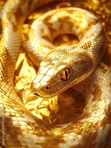 Meticulously Detailed Golden Snake Coiled on Splendid Glowing Gold Background photo