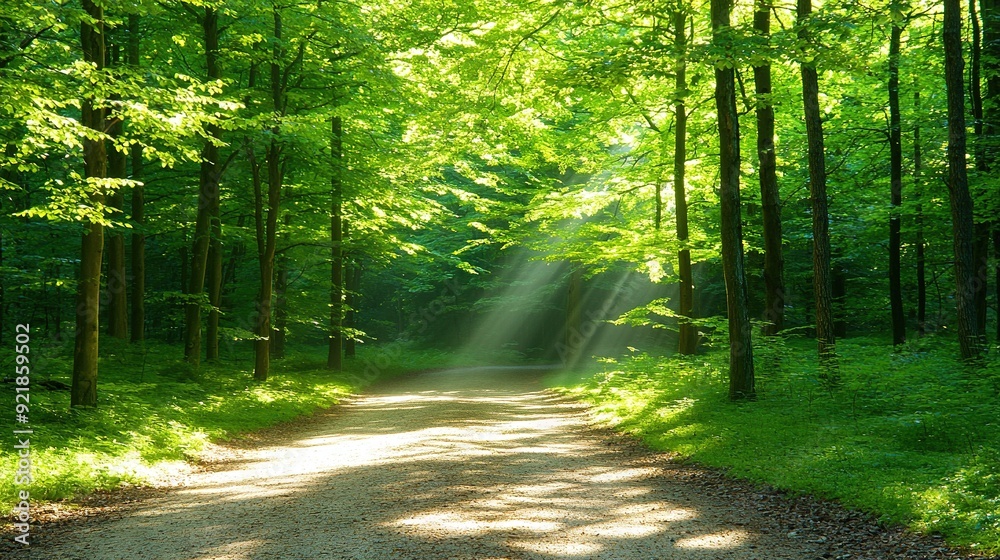 A dirt road in the forest is illuminated by sunlight filtering through the tall trees above A dirt road in the forest is illuminated by sunlight filtering through the tall trees above