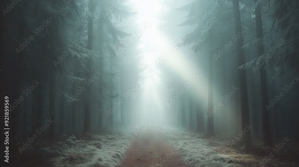 Naklejka premium A foggy day illuminates a path in the heart of the forest