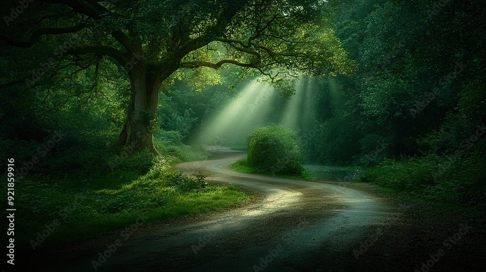 Fototapeta premium A dirt road in a forest, bathed in sunlight from behind the trees