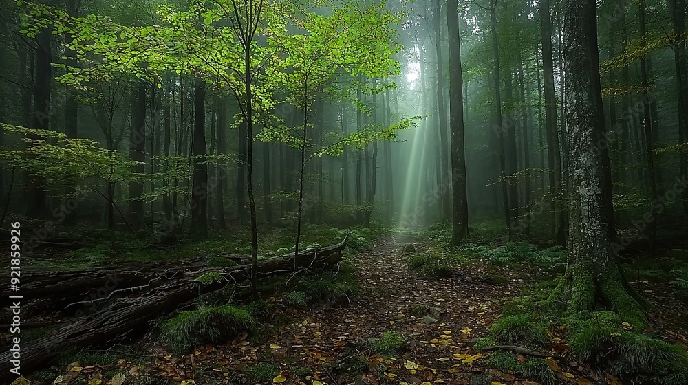 Fototapeta premium A forest path illuminated by a bright light filtering through the foliage beneath