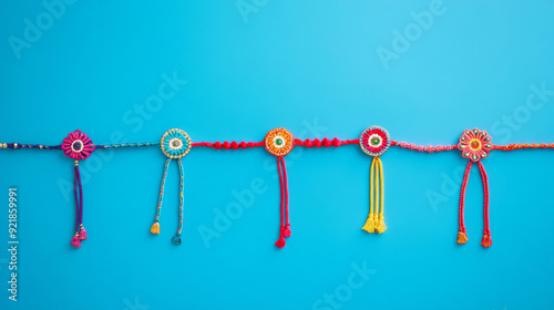 Raksha Bandhan Collection: Assortment of rakhis for Rakhi festivities, showcasing a range of vibrant designs. Indian Raksha Bandhan theme displayed on a blue background, perfect for social media posts photo