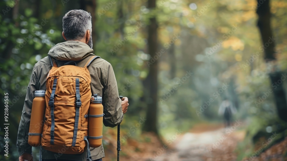 Obraz premium A hiker exploring a tranquil forest path, surrounded by vibrant autumn colors, with a cozy backpack and walking stick.