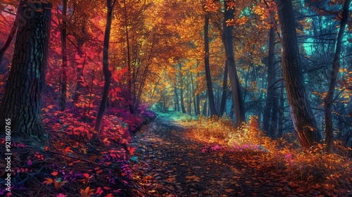 An autumn forest where the leaves on the trees and the ground glow with neon shades of orange, red, and yellow, creating a surreal and vibrant scene. © Muhammad