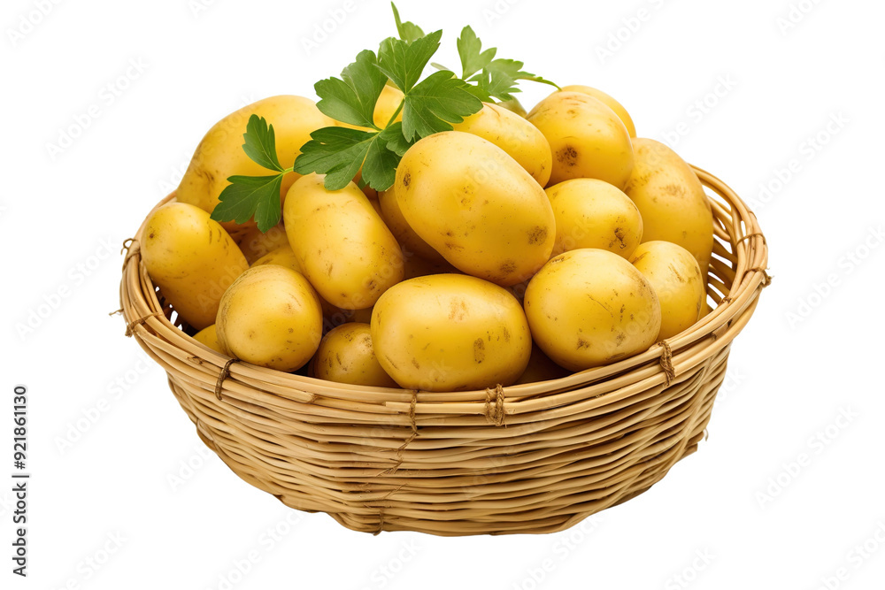 Golden Potatoes Gathered in a Rustic Basket Surrounded by Fresh Green Herbs on White or PNG Transparent Background. Golden Potatoes Gathered in a Rustic Basket Surrounded by Fresh Green Herbs on White or PNG Transparent Background.