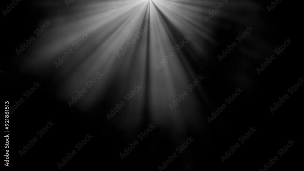 Smooth animation of light rays from the top of the screen. White rays of light on black background glow in selva from top of frame. Looping animation of light. Isolated animation of white light rays. 