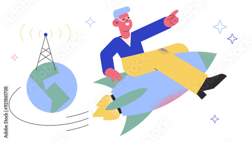 Man is sitting on a flying rocket 