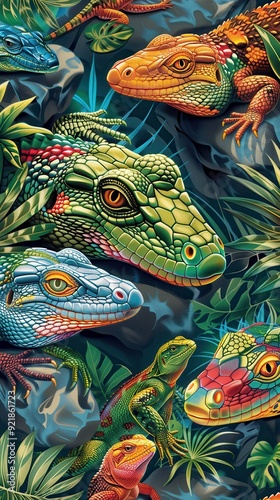 Wallpaper Mural Vibrantly colored lizards relax atop rocks amidst tropical foliage under bright sunlight Torontodigital.ca