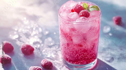 Glass: A clear glass filled with vibrant pink raspberry drink. The drink should be visually striking, with a bright, inviting pink color.
