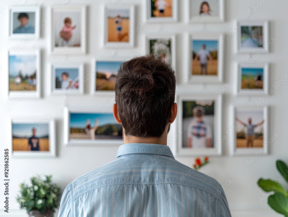 A person admires a photo gallery on the wall, reflecting memories and moments captured in beautiful frames. A person admires a photo gallery on the wall, reflecting memories and moments captured in beautiful frames.