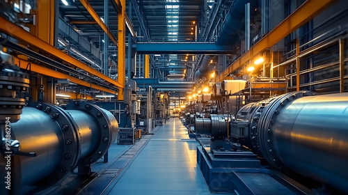 Machinery and steam turbine at a power plant background