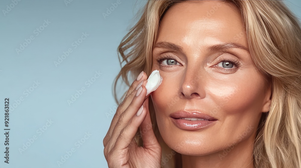 Squeezing some anti-wrinkle smoothing cream under her eyes to prevent puffiness and the early aging process, is a beautiful middle-aged blonde woman. Youth skin care with anti-aging and rejuvenating s Squeezing some anti-wrinkle smoothing cream under her eyes to prevent puffiness and the early aging process, is a beautiful middle-aged blonde woman. Youth skin care with anti-aging and rejuvenating s