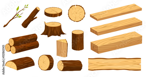 Wood log, wooden plank, isolated lumber and timber industrial materials. Vector set of tree branch with leaves, stacked logs, stump, woodwork planks, chopped circles, pieces and beams wooden products