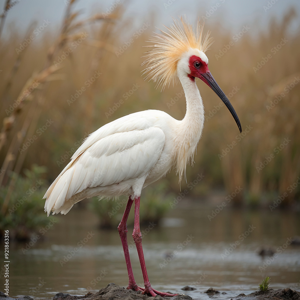 Fototapeta premium Hooded Crane Standing in Wetland with Bushy Crest