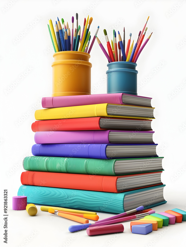 Stack of Books and Art Supplies 3D Flat Icon on White Background Academic and Creative Education Concept Stack of Books and Art Supplies 3D Flat Icon on White Background Academic and Creative Education Concept