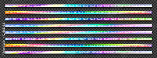 Bright holographic realistic ribbons for seasonal sales. Set of barricade tapes, discount stripes for banners, posters, online shopping. Holographic realistic ribbons isolated on checkered background.