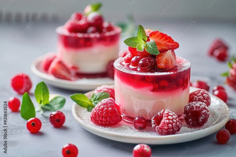 Jelly Dessert: Strawberry and Vanilla Cream with Fresh Berries in Coconut and Raspberry Background Jelly Dessert: Strawberry and Vanilla Cream with Fresh Berries in Coconut and Raspberry Background