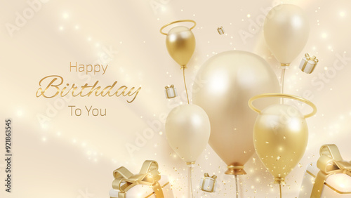 Happy birthday card with circle frame elements and neon lights Decorated with gift boxes, balloons, golden ribbons. Elegant background design.