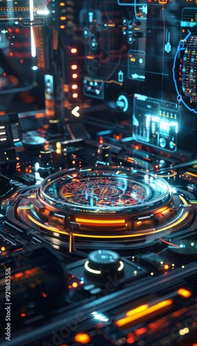 Futuristic holographic display technology concept with interactive elements in a striking layout