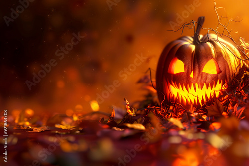 Halloween wallpaper with scary glowing pumpkin, seasonal background with copy space photo