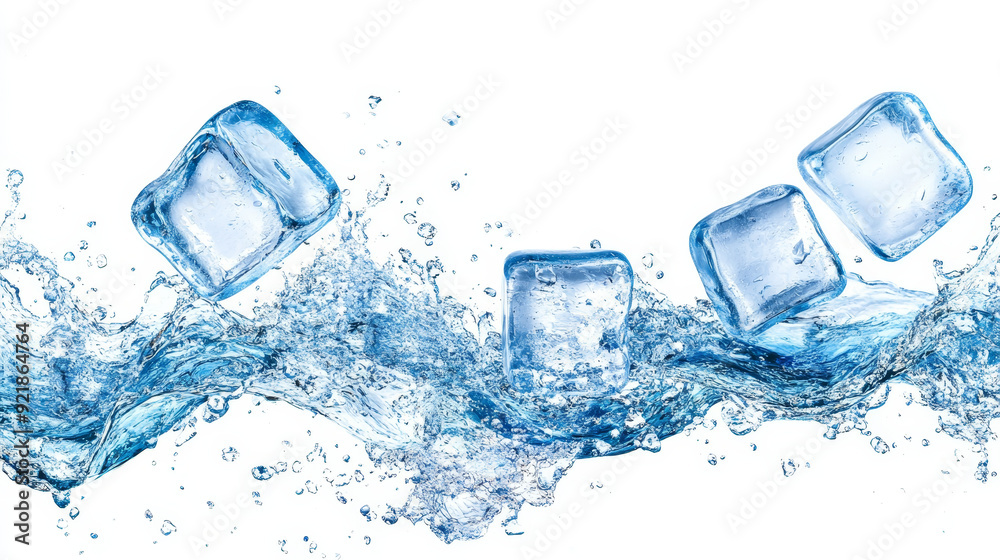 Ice cubes isolated on a white background, surrounded by realistic frozen ice cubes and water wave splashes. Ice cubes whirl in a liquid blue clear aqua wave, perfect for a kitchen Ice cubes isolated on a white background, surrounded by realistic frozen ice cubes and water wave splashes. Ice cubes whirl in a liquid blue clear aqua wave, perfect for a kitchen