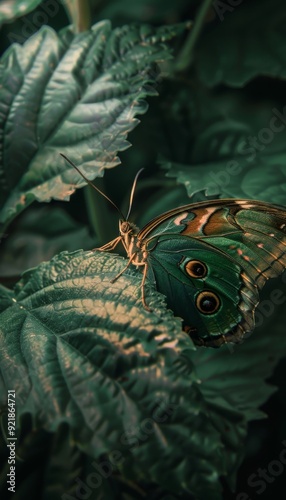 Detailed macro capture of a realistic butterfly perched delicately on a vibrant green leaf