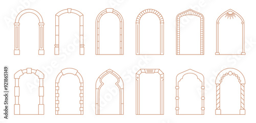 Art deco arch windows, door frames with vector line ornaments and boho shapes borders. Vintage architecture and interior elements, outline art deco arch frames with columns and decorative brickwork