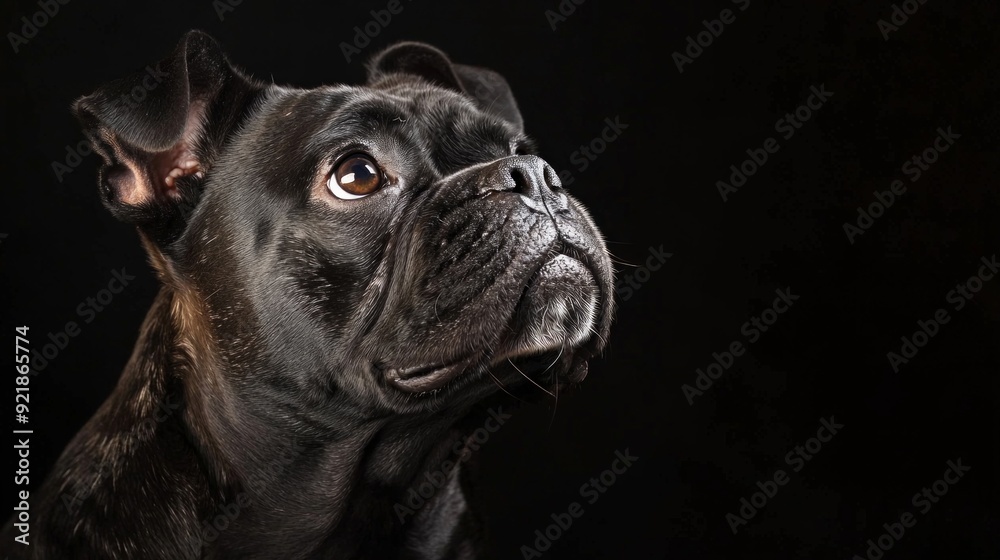 bulldog dog close-up portrait isolated on black dark dramatic background