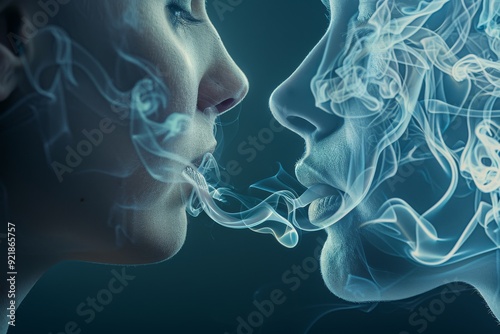 Close up of a mans face half hidden in smoke evoking the duality of transparency and obscurity photo