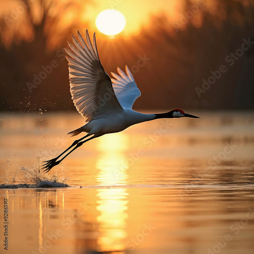 Red-Crowned Crane Taking Flight at Sunset Over Water