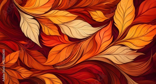 An abstract representation of autumn leaves swirling in a dynamic pattern of warm hues. Shades of orange, red, and gold blend and overlap, creating a vibrant, energetic composition. Style-61