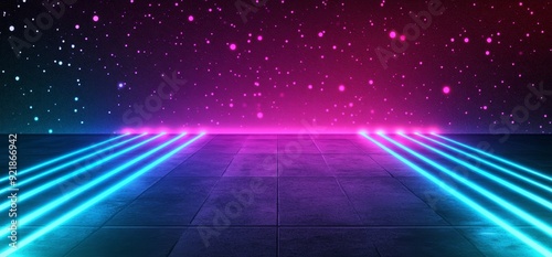 A futuristic sci-fi abstract rendering of blue and purple neon light shapes on black background and reflective concrete.