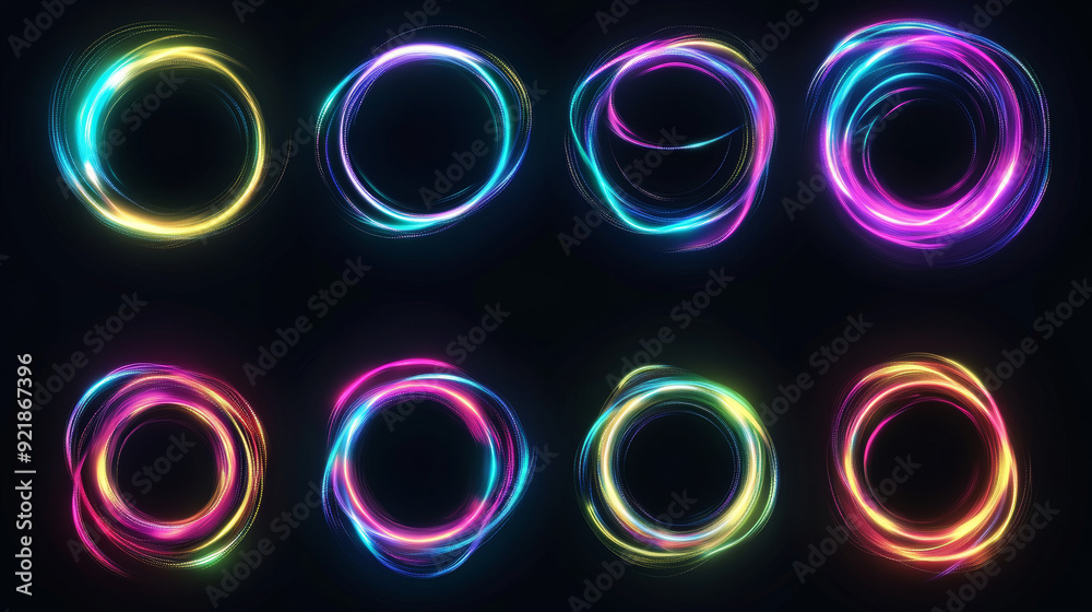 Set of glowing neon color circles with curved, wavy dynamic lines, isolated on a black background. Technology concept featuring circular light frames or borders. Suitable for use as badges, price tags Set of glowing neon color circles with curved, wavy dynamic lines, isolated on a black background. Technology concept featuring circular light frames or borders. Suitable for use as badges, price tags
